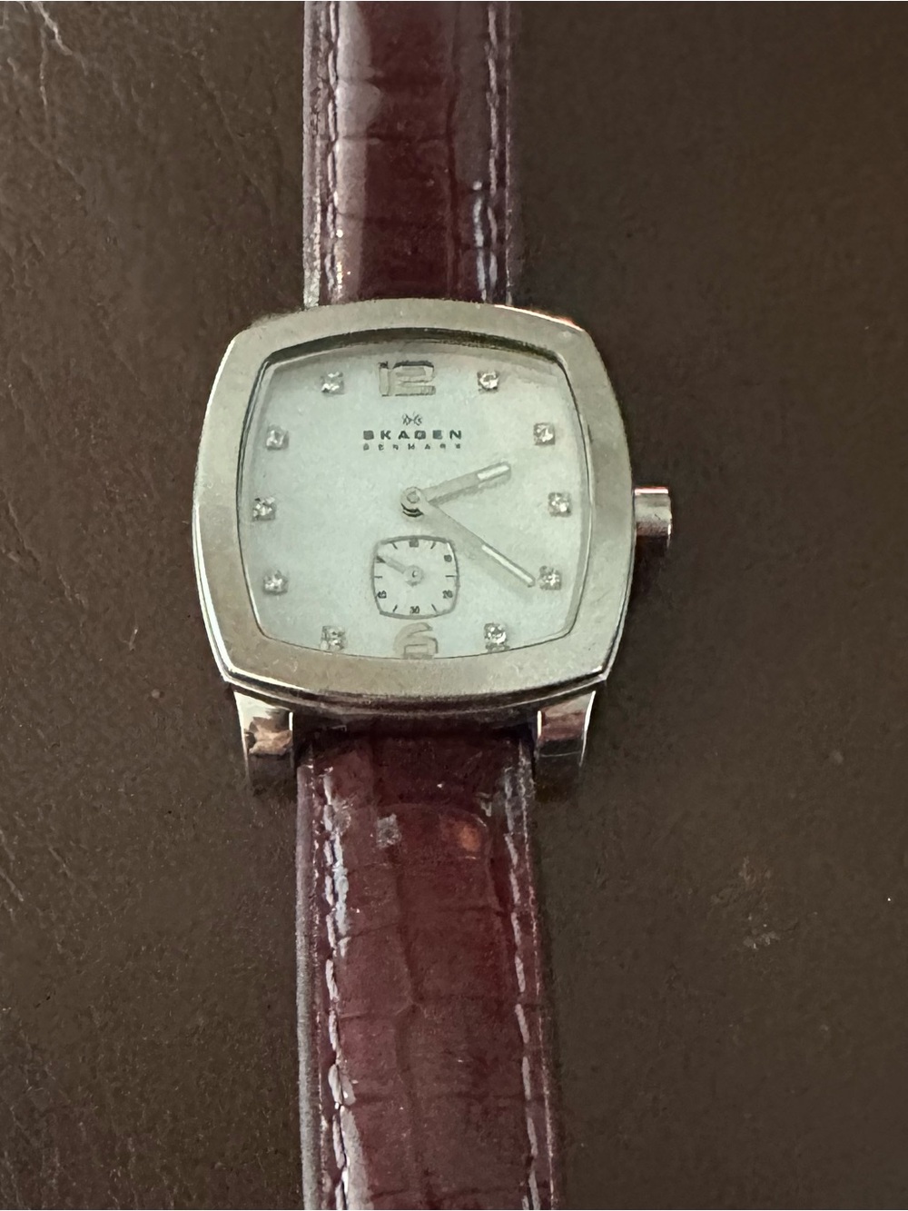 Skagen Silver-Tone Case Watch with Leather Strap and Mother-of-Pearl Dial